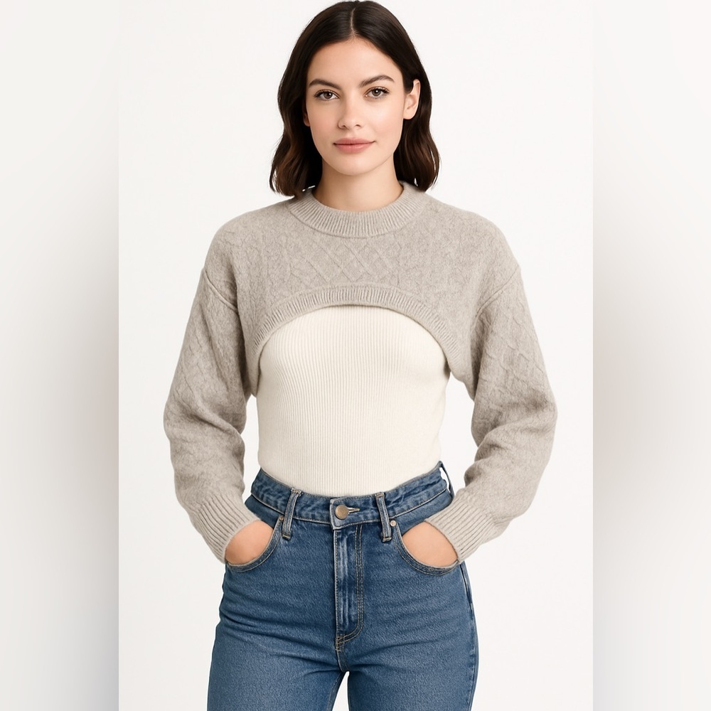 House of Harlow 1960 Heather Gray Cable Knit Shrug Sweater – Women’s Sz S (NWT)